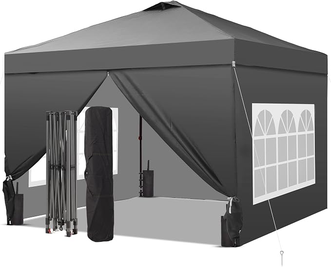 GDY 10x10 Pop Up Canopy Tent with 4 Sidewalls, Easy Set up, Outdoor Silver Coated Beach Gazebos, Carpas with 4 Sandbags, for Events, Parties,Camping, Grey.