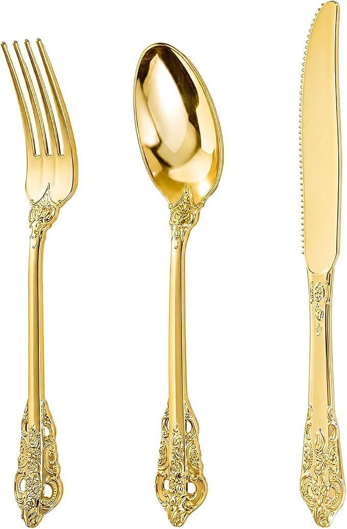 bUCLA HEAVYWEIGHT 150PCS Gold Plastic Silverware Disposable - Extra Heavy Duty Plastic Cutlery - Gold Disposable Utensils Set - Include 50 Knives, 50 Forks,50 Spoons for Party & Special Moments