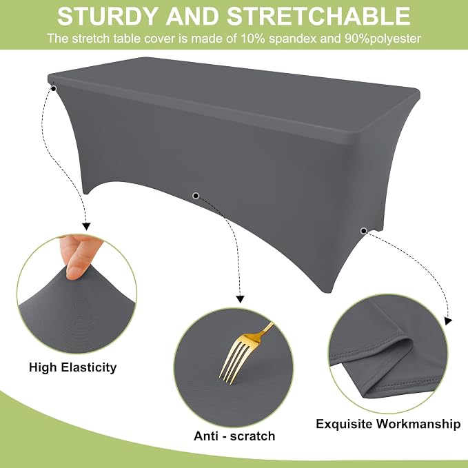 Moosfor Spandex Elastic Fitted 6FT Rectangle Tablecloth 6 Pack, Stretch Washable Reusable Table Cover for Outdoor Picnic, Dining, Wedding, Banquet & Party Events (Dark Grey, 72Lx30Wx30H Inch)