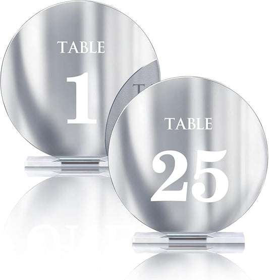Acrylic Wedding Table Numbers 1-25 with Stands,4.8"Round Mirror Silver Table Number Signs and Holders for Wedding Reception, Party, Event, Centerpiece Decoration