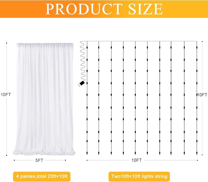 Fomcet Tulle Backdrop Curtains White 20FT X 10FT Tulle Curtains with Lights String Sheer Backdrop Curtain for Parties Wedding Baby Shower Photo Shoot Decorations (4 Panels 5x10FT)