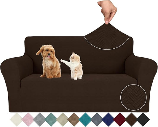 JIVINER Stretch Loveseat Slipcovers 1 Piece Love Seat Sofa Cover Spandex 2 Seater Couch Covers Universal Furniture Protector with Elastic Bottom (Medium, Coffee Rhomb)