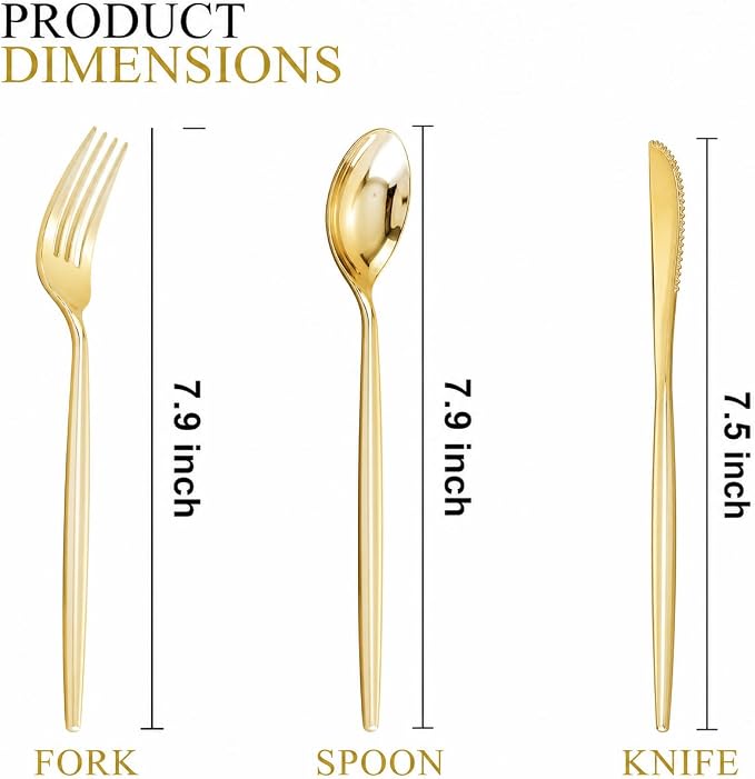 SUT 150PCS Gold Plastic Silverware Set, Heavy Duty Disposable Cutlery for Party,Includes 50 Forks, 50 Spoons and 50 Knives, Elegant Plastic Flatware for Wedding, Birthday and Catering