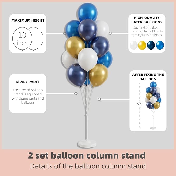 Balloon Column Kit Set of 2 With Balloons Included - Balloon Tower with Stand, Base, and Pole,Backdrop Decoration for Wedding, Baby Shower, Birthday Party, or Bachelorette Parties (Gold Blue white)