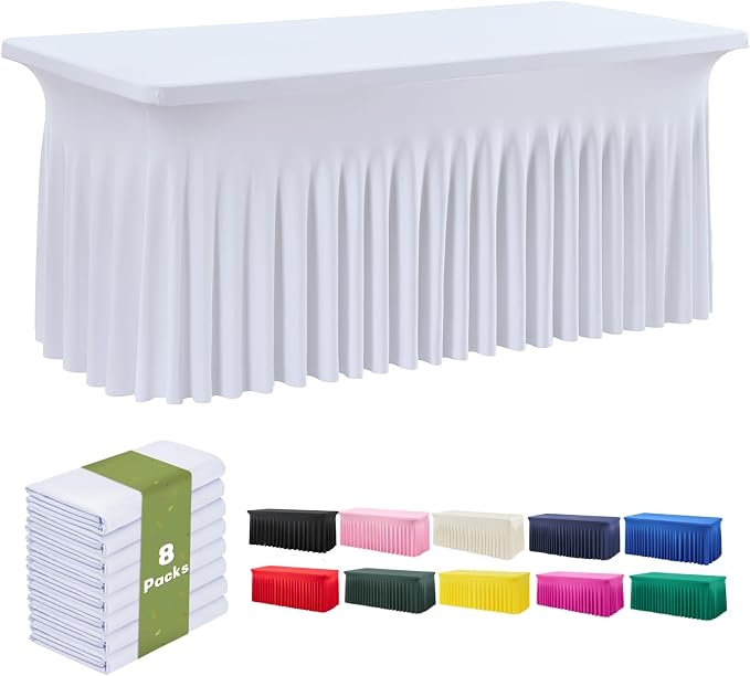 leegleri White Spandex Table Clothes for 8 Foot Rectangle Tables, 8 Pack Wrinkle Free Rectangle Table Cloth 8ft Stretch Fitted Tablecloths with Skirt for Parties Weddings Birthday Banquet Baby Shower