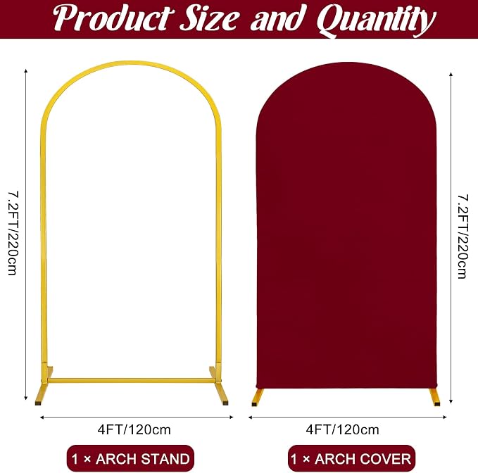 Metal Arch Stand and Cover Set,1 Burgundy Spandex Fitted Backdrop with 1 Gold Wedding Arched Stand Frame for Parties Birthday Baby Shower Bridal Banquet Decoration (7.2FT)