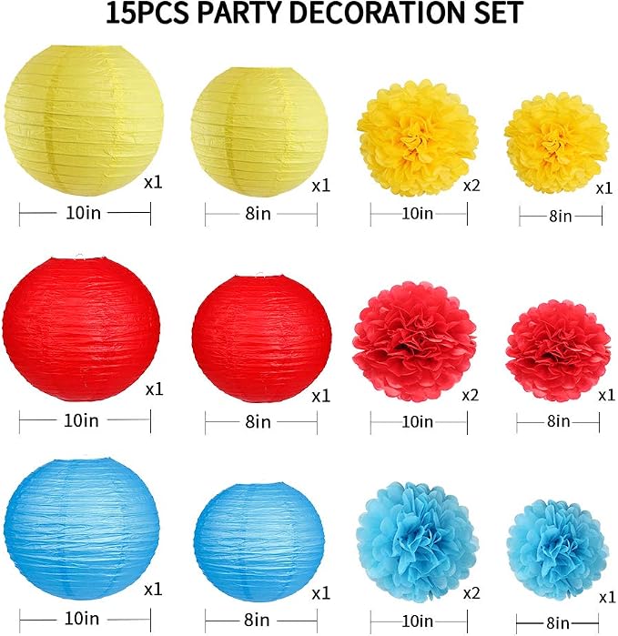 Carnival Circus Party Decorations, Red Yellow Blue Paper Lanterns and Pom Poms Flowers for Birthday Baby Showers Carnival Theme Rainbow Party Decor 15 Pieces