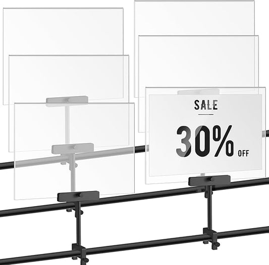 FoldTier 6 Set 8.5 x 11 Inch Aluminum Alloy Retail Sign Holder with Clamp Acrylic Frame Clothing Rack Clip on Sign Holder for Retail Stores Price Card Display (Black)
