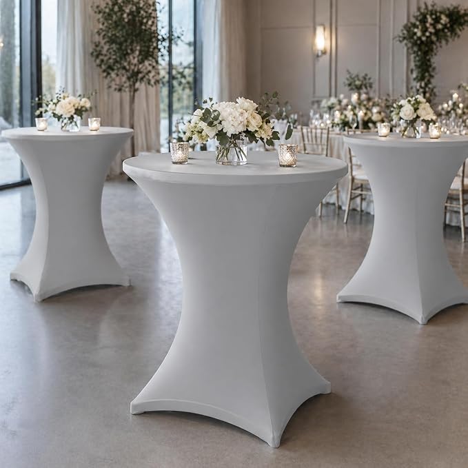 Cocktail Table Covers - 2 Pack 32x43 Inch Table Cloth - Light Grey Fitted Stretch Spandex Round High Top Tablecloth for Party, Bar, Birthday, Pub, Banquet