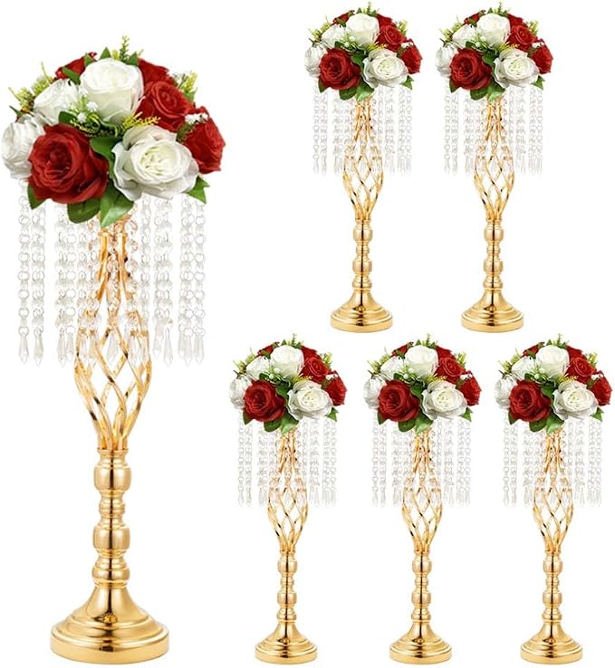 6 pcs 21.65 Inch Wedding Gold Flower Centerpieces Crystal Metal Flower Vase Wedding Centerpieces for Tables Decorations