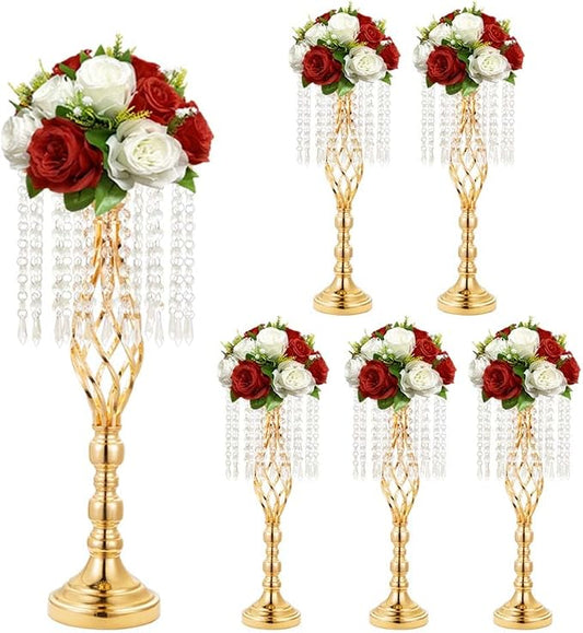 6 pcs 21.65 Inch Wedding Gold Flower Centerpieces Crystal Metal Flower Vase Wedding Centerpieces for Tables Decorations