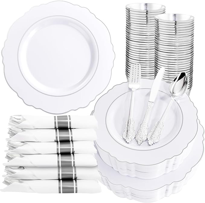 Liacere 175pcs Silver Plastic Plates - White and Silver Disposable - 25guest Baroque Plastic Dinnerware include 50Plates, 25Pack Pre Rolled Napkins with Silverware 25Cups for Wedding&Party&Easter Day