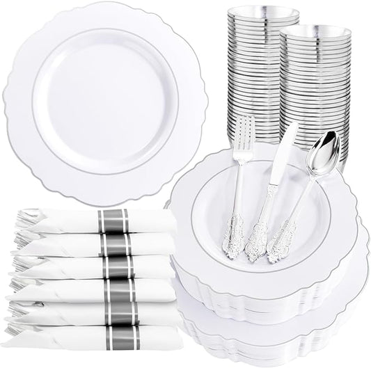 Liacere 175pcs Silver Plastic Plates - White and Silver Disposable - 25guest Baroque Plastic Dinnerware include 50Plates, 25Pack Pre Rolled Napkins with Silverware 25Cups for Wedding&Party&Easter Day