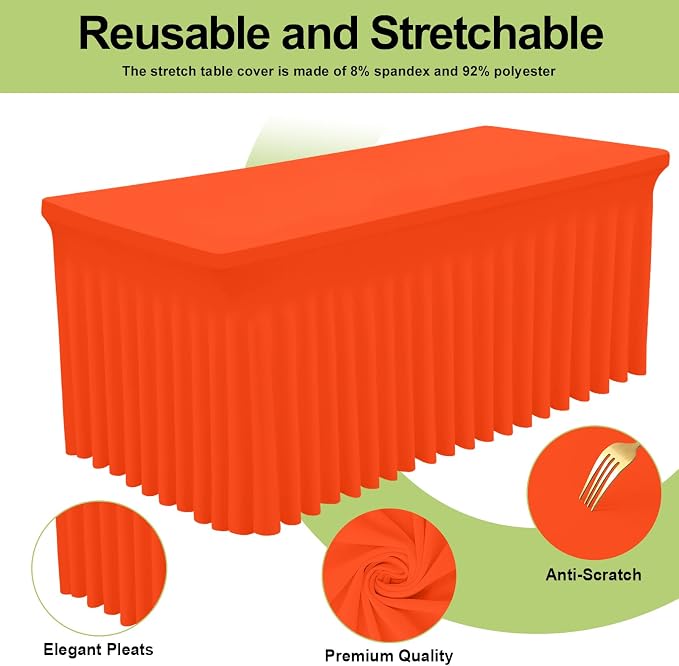 Smiry Spandex Tablecloth 2 Pack, Elastic Fitted Stretch Tablecloth for 6FT Rectangle Tables, Waterproof Washable Table Cover Skirt for Outdoor, Wedding, Banquet & Parties (Orange, 72Lx30Wx30H Inch)