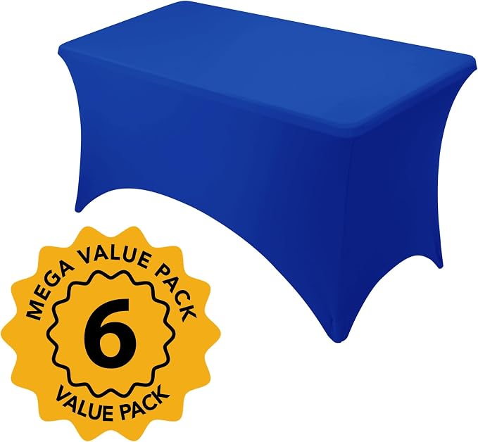 6-Pack Premium Royal Blue Spandex Tablecloths for 4ft Rectangle Tables, Stain & Wrinkle-Resistant, Washable Stretch Polyester Fitted Table Cover for Weddings, Banquets, Trade Shows Events