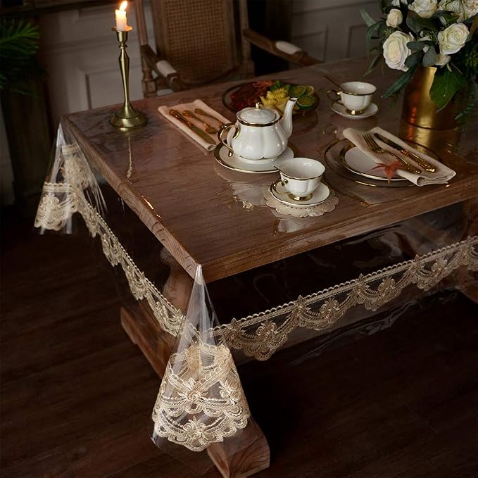 ARTABLE Vinyl PVC Rectangle Tablecloth Waterproof Clear Table Cover with Champagne Lace Macrame Border for Wedding Kitchen Home Outdoor Indoor Holidays Party Decor (Champagne, 60 x 140 Inch)