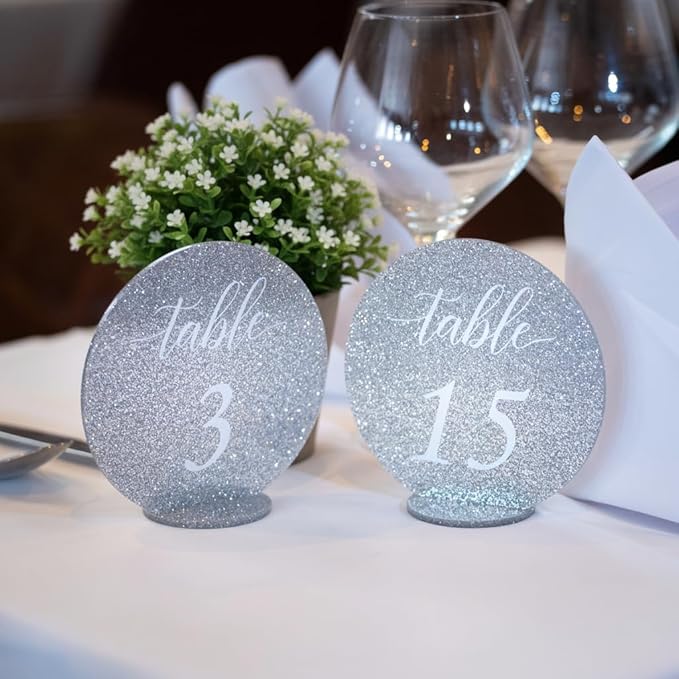 Wedding Table Numbers 1-20, table numbers signs, with Self Standing Base 5.1 x 5 inches, Silver Glitter Table Numbers Sparkle with light, ideal for Wedding Receptions, Parties and Special Events
