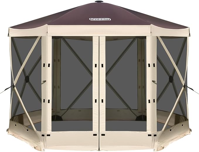 Tecoom 10x10ft 6-Sided Pop Up Gazebo Tent, Screen House with Mosquito Netting Canopy for Camping, Portable Sun Shelter Removable Siedwalls for Outdoor, Garden, Activities, Khaki