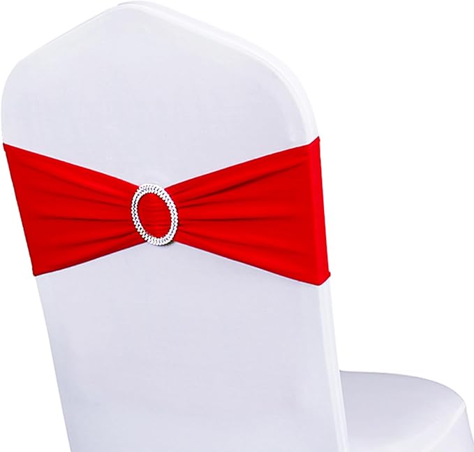 Pack of 50 Spandex Red Chair Sashes for Wedding Chair Bows Ties Stretch Chair Bands with Silver Buckles for Party Birthday Engagement Banquet Christmas Event Decorations (Red)