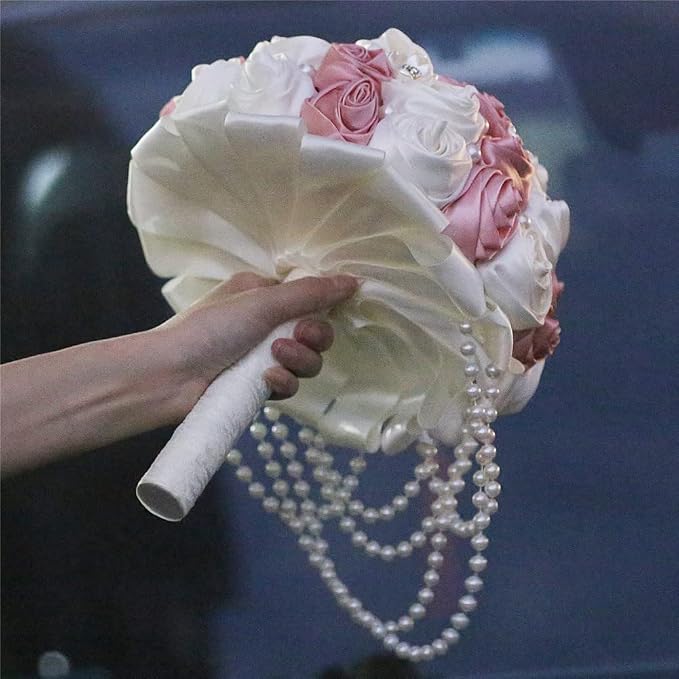 Pink Wedding Bouquet with Brooch Pearl String Cascade Bouquet for Bride Bridesmaid Quinceanera Artificial Satin Rose Flower Bridal Bouquet Wedding Blush Pink and Ivory 6.3in