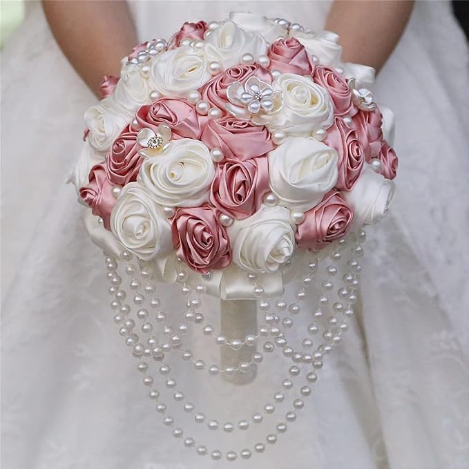 Pink Wedding Bouquet with Brooch Pearl String Cascade Bouquet for Bride Bridesmaid Quinceanera Artificial Satin Rose Flower Bridal Bouquet Wedding Blush Pink and Ivory 7.5in
