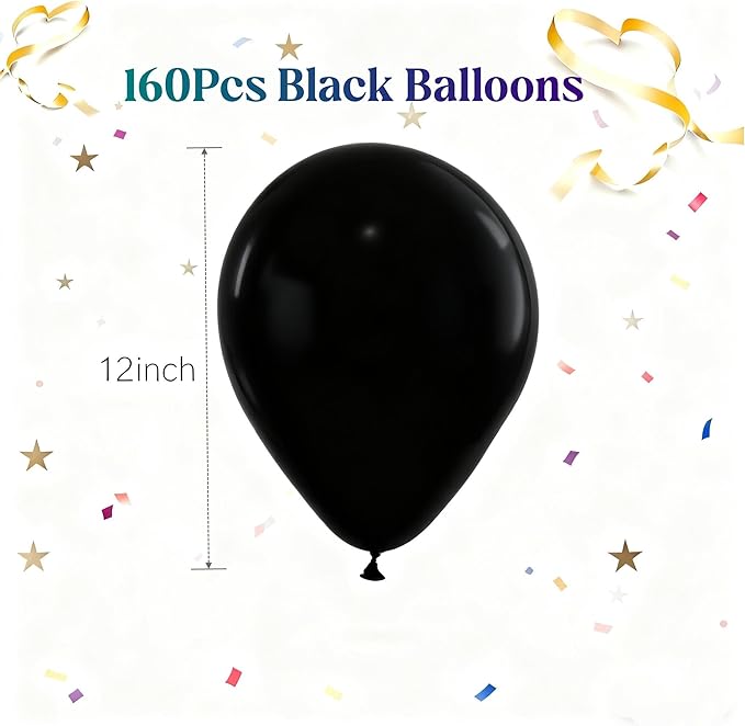160pcs Black Balloons 12 Inch Matte Latex Balloons for Graduation Birthday Wedding Party Decorations