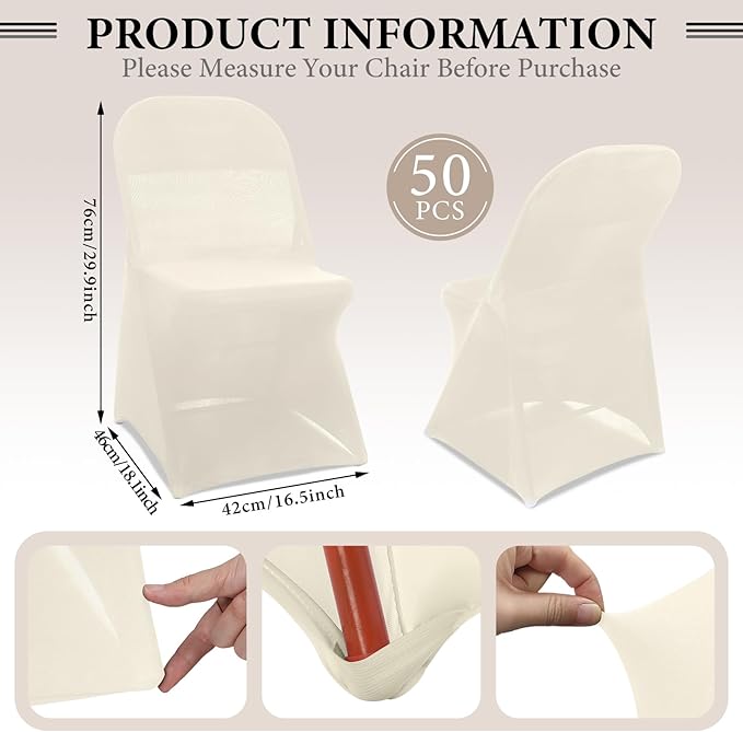 Newwiee 50 Pcs Spandex Chair Covers Bulk - Stretch Folding Flat Front Fitted Universal Chair Protector Pack Removable Washable for Wedding Party Dining Banquet Event (Beige)