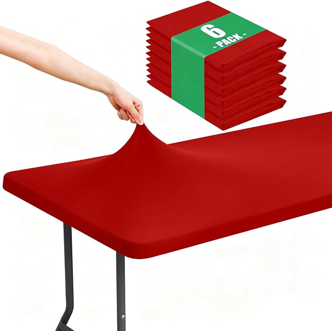 Moosfor Spandex 8 Foot Rectangle Table Cloth 6 Pack, Elastic Fitted Tablecloths for Picnic, Stretch Washable Patio Table Cover for Outdoor, Camping, Banquet and Parties (Red, 30"x96")