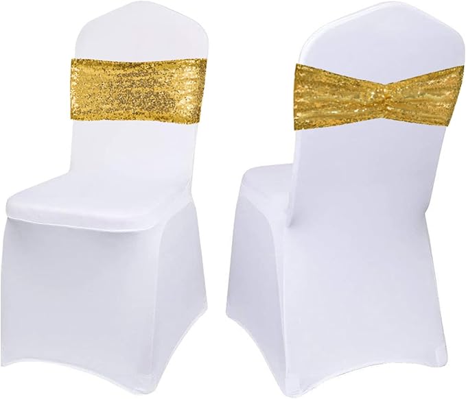 SquarePie Sequin Chair Sashes 30 Pack - Gold Decorative Sashes Bands for Wedding Party Decoration, Seuqin Fabric Bow for Banquet Reception Chairs