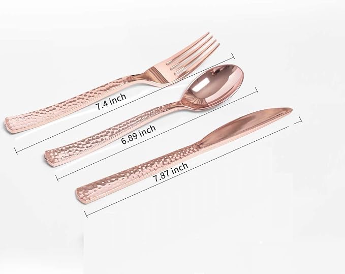 Supernal 360pcs Rose Gold Plastic Silverware, Heavy Duty Disposable Cutlery | Hammered Flatware Cutlery (120 Forks, 120 Knives, 120 Spoons) Bulk Pack for Weddings, Birthdays, and Holiday Theme Parties