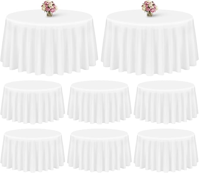 Showgeous 8 Pack White Round Tablecloth 120 Inch Polyester Table Cloth for Tables - Washable Decorative Fabric Covers for Wedding, Dining, Party, Banquet, Buffet