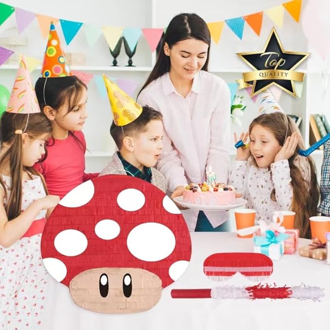 Mushroom Pinatas Bundle with a Blindfold and a Bat(16.5 x 12 x 3.5 Inches), Perfect for kid's Birthday Parties, Mexican Theme Parties, Decorations