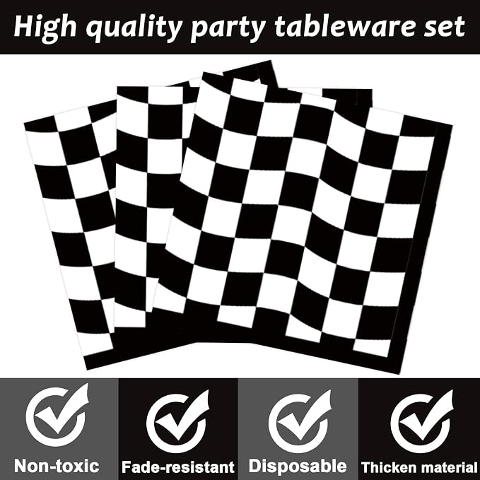96PCS Race Car Birthday Party Decorations Black and White Checkered Plates Sports Themed Table Supplies Decorations Racing Dessert Plates Napkins Forks for 24 Guests Racing Car Birthday Party Favors