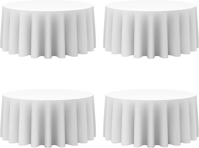 BRILLMAX 4 Pack White Round Tablecloths 132 Inch for 72” Tables - 150 GSM Polyester Fabric, Floor Length Drop, Water, Stain & Wrinkle Resistant Cloth Cover for Wedding Reception Banquet Dining
