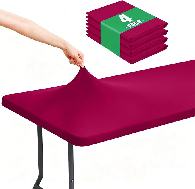 Moosfor Spandex 8 Foot Rectangle Table Cloth 4 Pack, Elastic Fitted Tablecloths for Picnic, Stretch Washable Patio Table Cover for Outdoor, Camping, Banquet and Parties (Fuchsia, 30"x96")