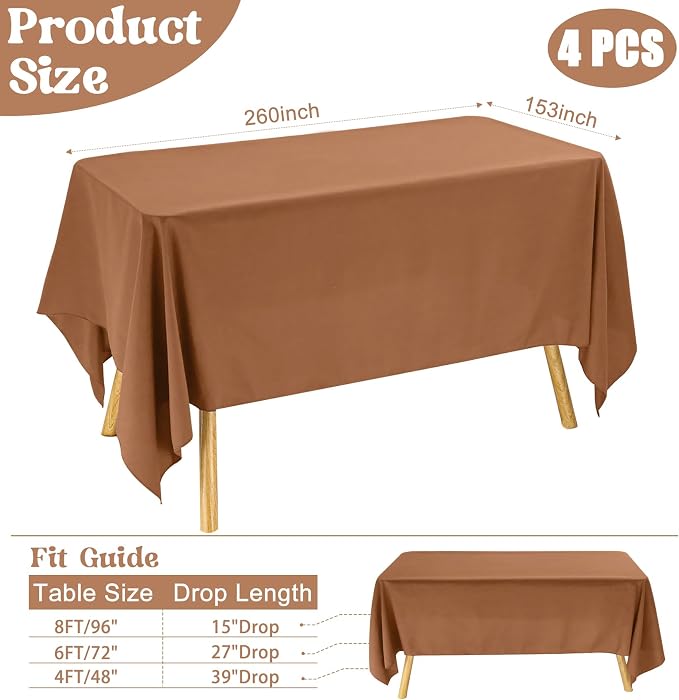 4 Pack Rectangle Tablecloth for 6 Foot Tables Washable Polyester Table Cover for Wedding Dining Table Parties Banquet (4, Brown, 60inch x 102inch)