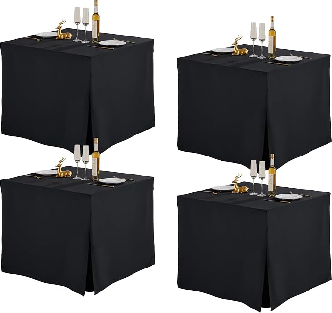 Shillance 4 Pack Black Square Tablecloth for 34x34 Inch Card Table Cover Waterproof Oil-Proof Spill-Proof Polyester Square Fitted Tablecloth for Wedding Parties Display Trade Show