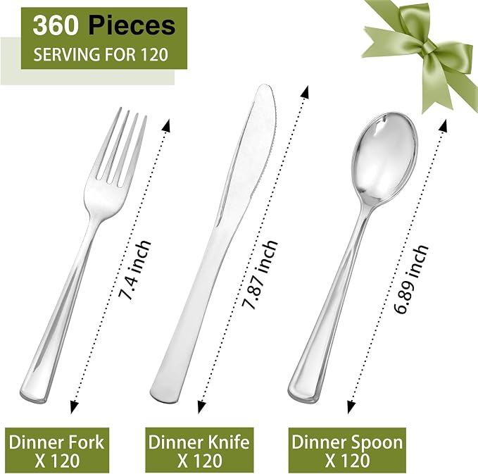 Supernal 360pcs Silver Plastic Silverware Set - Heavy Duty Disposable Silver Cutlery (120 Forks, 120 Spoons, 120 Knives) | Modern Bulk Plastic Utensils for Wedding, Catering & Large Events