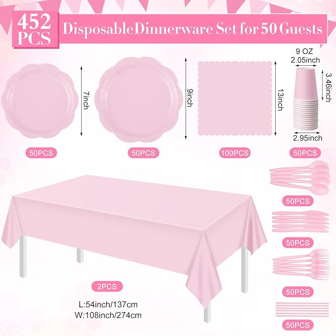 Funnymoom 452 Pcs Pink Party Supplies for 50 Guests, Light Pink Scalloped Paper Plates Napkins Cups Plastic Tablecloth Cutlery Straws for Baby Bridal Shower, Birthday Wedding Party Decoration