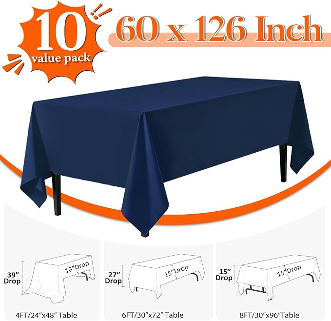 10 Pack Navy Blue Tablecloth 60x126 Inch Navy Blue Table Cloth for 8 Foot Rectangle Tables, Wrinkle Resistant Rectangular Tablecloth Washable Polyester Fabric Table Covers for Party Banquet Wedding