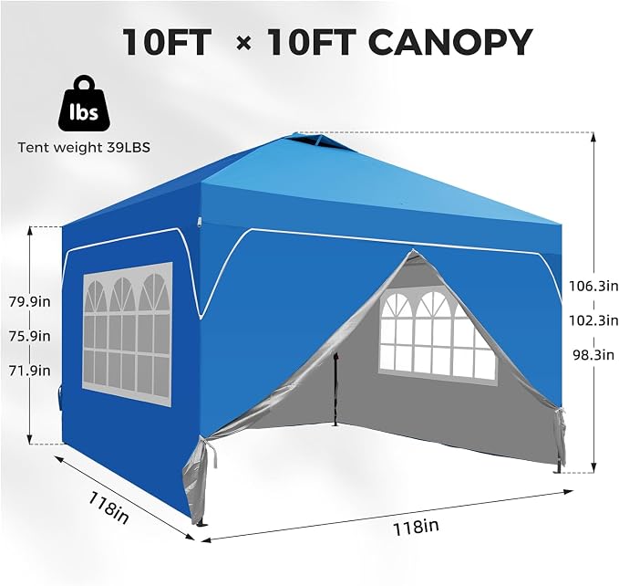 10x10FT Canopy Tent, 1-Button Push Instant Pop Up Canopy with 4 Sandbags, Easy Setup Outdoor Gazebo Shelter (Blue, 10x10 with Sidewalls)
