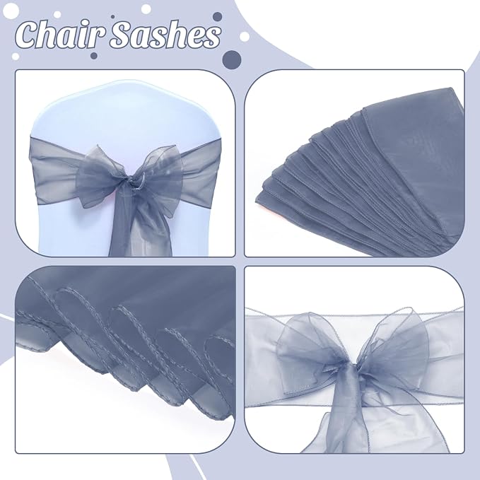 MDS® Pack of 100 Organza Chair Sashes for Wedding Decoration, Reusable Sheer Chair Bows for Banquet Chair Cover, Reception, Bridal Shower, Baby Shower, Birthday Party & Special Events - Dusty Blue