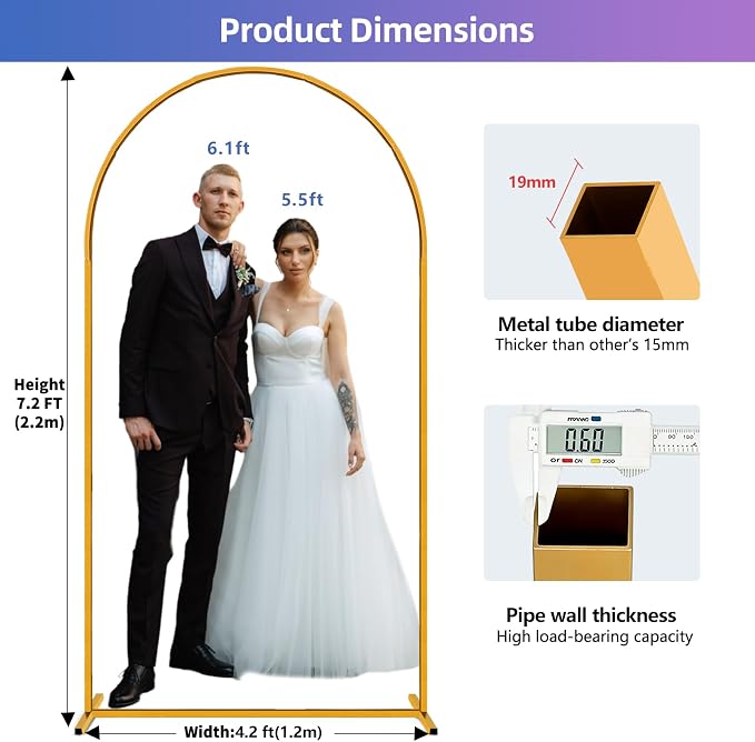 Hemmotop Arch Backdrop Stand Gold 7.2 FT | Metal, Stable with Ground Stakes, for Flowers, Balloons, Garden Decor, Ideal for Weddding, Baby Shower, Birthday Party Photo
