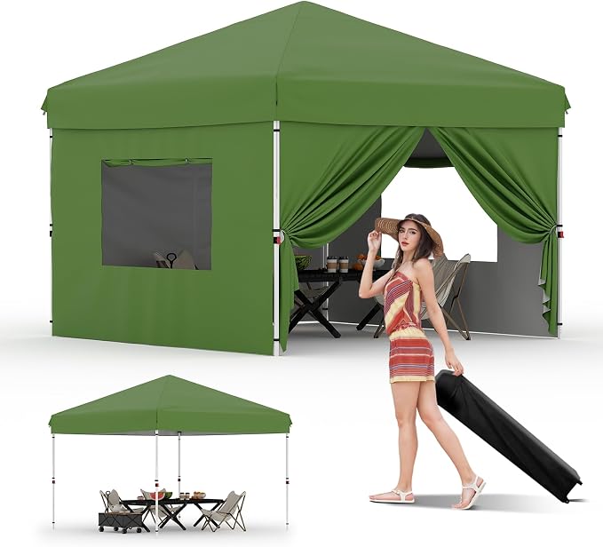 GarveeLife Pop Up Canopy with 4 Sidewalls - Easy Up Camping Tent with One Button Push Setup - 1 Roller Bag, 3 Adjustable Height, 4 Weight Bags for Deck, Garden, Sports, Beach, Party - Brown