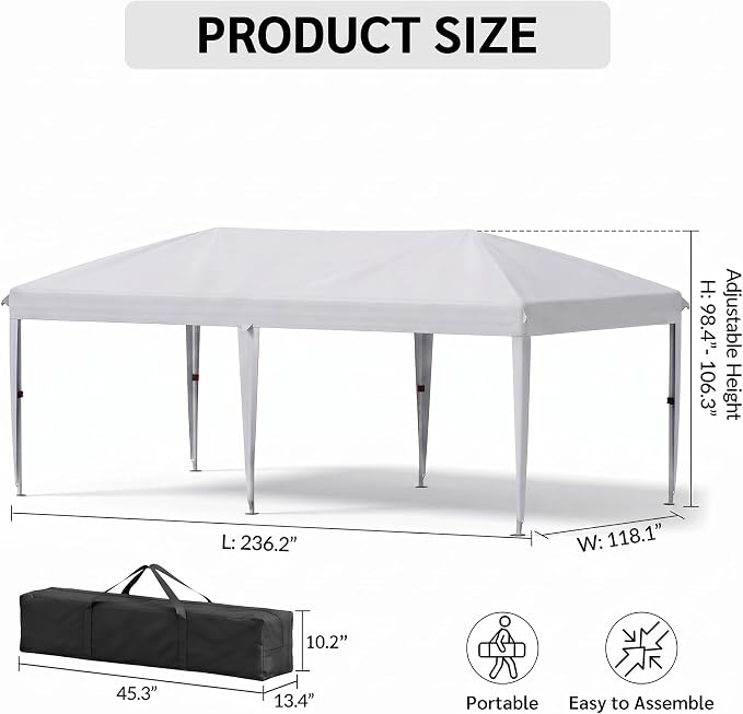 10x20 FT Portable Pop Up Canopy Tent with Sandbags, Adjustable Height Instant Gazebo Without Sidewalls,Waterproof Outdoor Canopy for Camping, Parties, Vendor Events (White, 3m × 6m Without sidewalls)