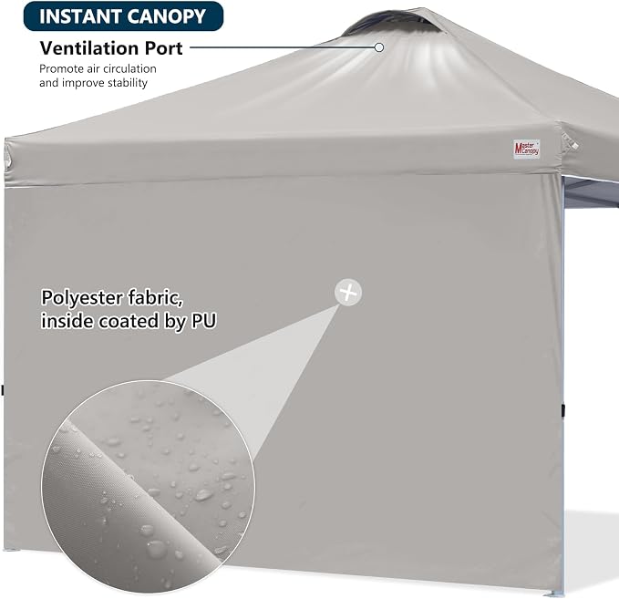 MASTERCANOPY 10x10 Pop Up Canopy Tent with 1 Sidewall, 1 Person Setup Instant Shelter, Outdoor Portable Beach Canopy, 1 Roller Bag, 4 Sandbags, 4 Ropes, 8 Stakes (10x10, Gray)