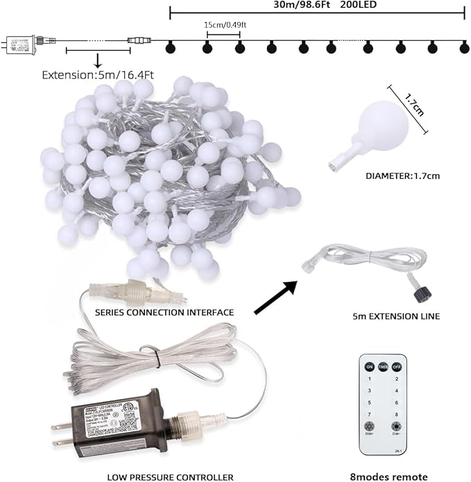 RaThun Globe String Lights Plug in 116 Ft. 200 LED 8 Modes with Remote,Waterproof Fairy String Lights for Indoor Outdoor Bedroom Party Wedding Garden Christmas Tree Decor,Warm White