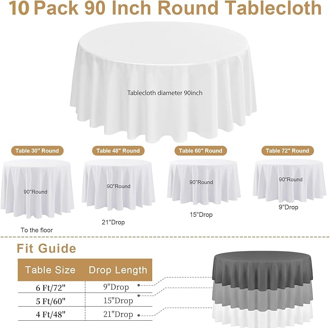 10Pack White Round Tablecloth 90 Inch, Polyester Fabric Round Table Cover, Stain & Wrinkle Resistant Washable Table Cloth for Wedding, Party, Banquet, Dining Decor