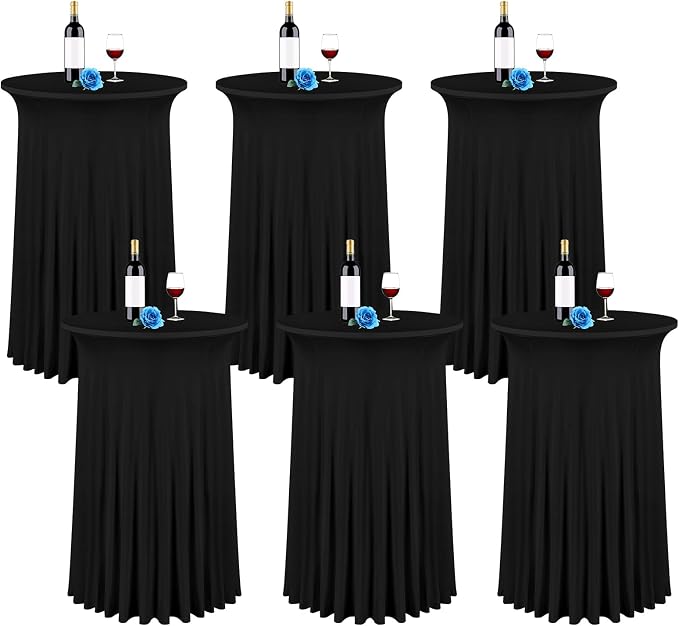 6 Packs 24"x 43" Round Cocktail Table Skirt, Spandex Fitted High Top Table Skirt, Spandex Stretch Cocktail Tablecloth for Wedding Party Bar Banquet Birthday Tables(Black)