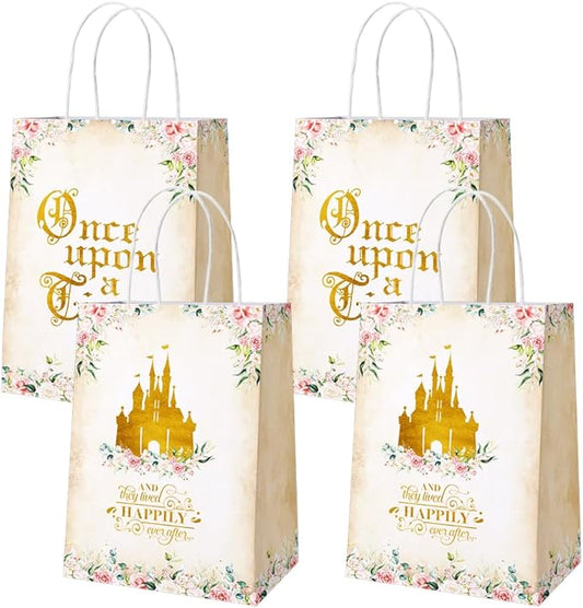 AIBIIN 24 Pcs Once Upon a Time Party Favor Bags, Pink Floral Gold Castle Princess Fairytale Birthday Party Bags Girls First Birthday Treat Bags with Handles Candy Goodie Bags for Girls Birthday Party Supplies